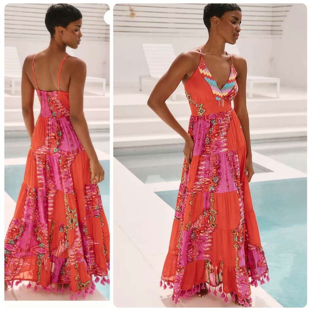 Anthropologie Barok Paris Beaded Tiered Maxi Dress Orange Pink Boho Small - Picture 1 of 14